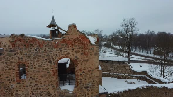 Ruins of Ancient Livonian Order's Stone Medieval Castle Latvia Aerial Drone Top Shot 