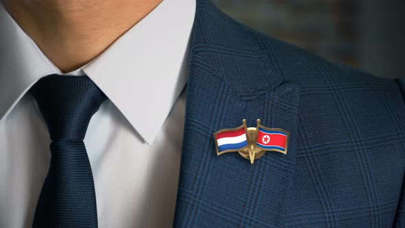 Businessman Friend Flags Pin Netherlands North Korea