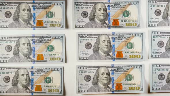 STOP MOTION One Hundred Dollar Bills Cash Flow on Isolated Background, American Currency Finance