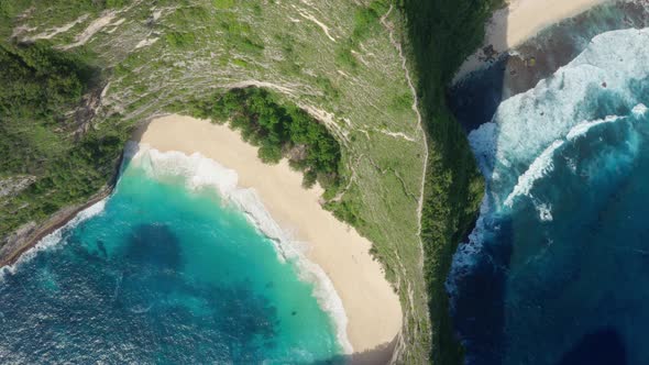 Aerial View of Kelingking Beach in Nusa Penida Island, Beautiful Ocean, Mountain