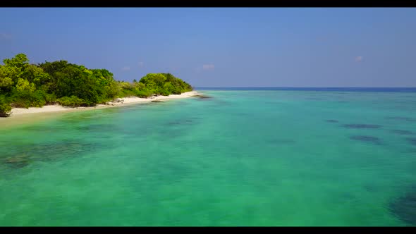 Aerial drone view abstract of idyllic shore beach trip by blue sea with white sand background of a d