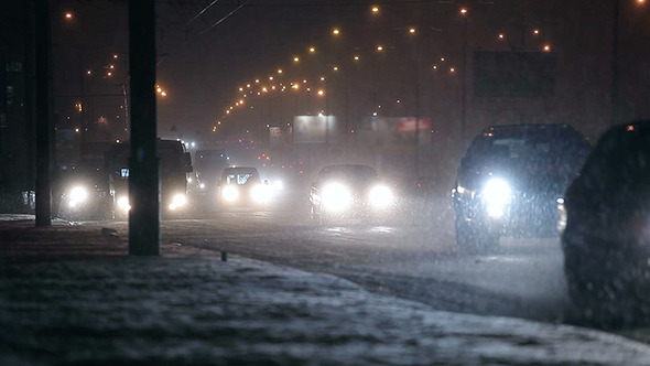 Snowy Night Street Traffic 01