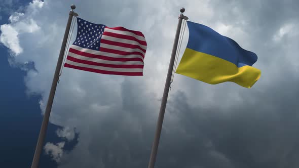 Waving Flags Of The United States And The Ukraine 4K