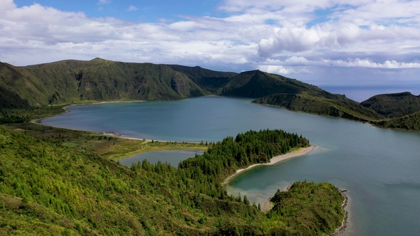 Portugal. Azores. Crater lake with clear turquoise water. Aerial view.