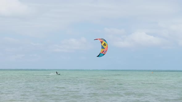 Kitesurfing on the Tropical Beach in Turquoise Sea Water Paje Zanzibar