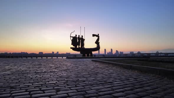 Kyiv, Ukraine - a Monument To the Founders of the City in the Morning at Dawn. Aerial