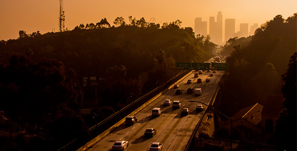 110 Freeway and Downtown Los Angeles at Sunset