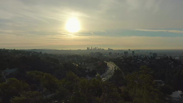 Los Angeles Skyline at Sunrise. California, USA. Aerial View