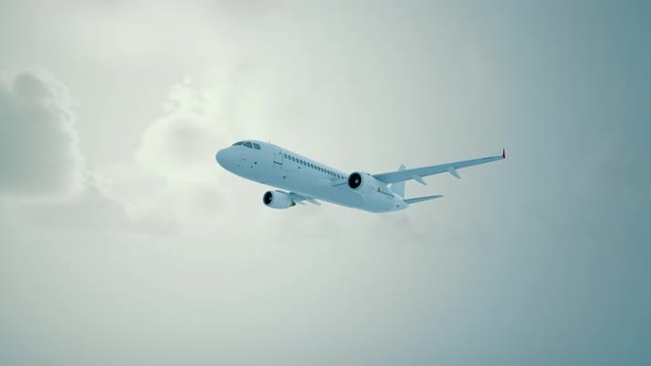 The Plane Flies in the Clouds in the Setting Sun