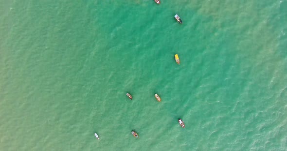 Aerial view of traditional fishing boats moored in the sea of Rio do Fogo.