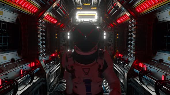 Astronaut Walking in Spaceship Tunnel Scifi Shuttle Corridor