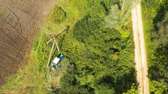 Elevated View Trees Trimming Using a Flail Hedge Cutter Attached to Blue Tractor Along the Side of