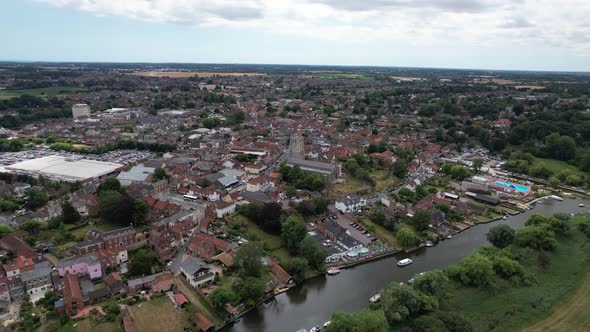 High drone aerial view Beccles town in Suffolk UK