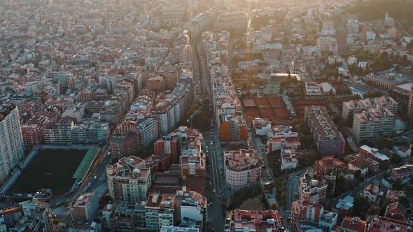 Aerial View on Downtown Areas and Street Traffic of Barselona