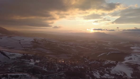 Aerial Sunset over Rural Country in Early Spring