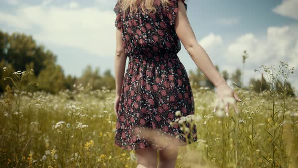 Girl In Hat Walking On Meadow On Weekend. Woman Walking In Summer Field. Vacation Holiday Trip