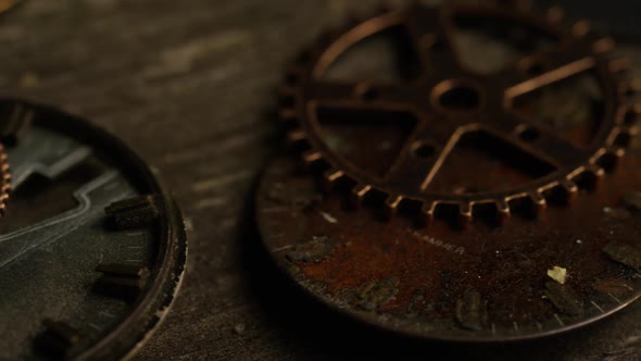 Rotating stock footage shot of antique and weathered watch faces