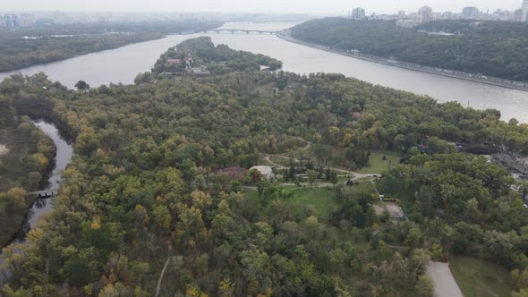 Dnipro River Near Kyiv City, Ukraine Aerial View. Dnieper, Kiev