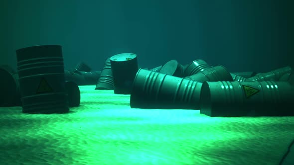 Diving view of biohazard signed barrels underwater dangerous stack. Loopable. HD