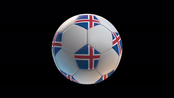 Soccer ball with flag Iceland, on black background loop alpha alt