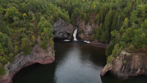 aerial view of a amazing waterfall in north minnesota, lake superior shoreline landscape