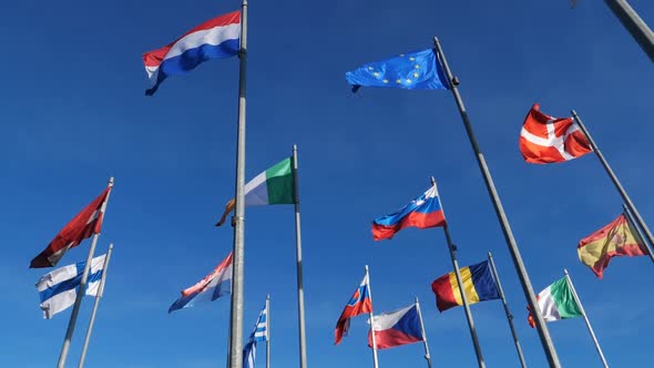 Flags of european countries waving in the wind