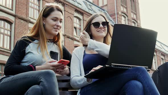 Modern Female Students Working Together on a Laptop on a Student Project While Sitting on Bench in