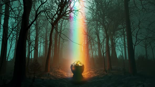 The pot of gold at the end of the rainbow. Leprechaun's treasure in the forest.