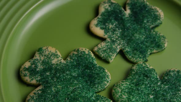 Cinematic, Rotating Shot of Saint Patty's Day Cookies on a Plate 