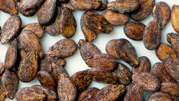 Dried Watermelon Seeds on a White Background Macro Top View