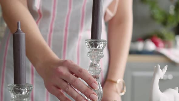 Christmas Table Decoration. Festive Table Setting. Female Hands Decorate the Table for Christmas