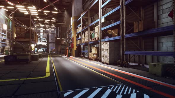 Rows of Shelves with Boxes in Warehouse alt