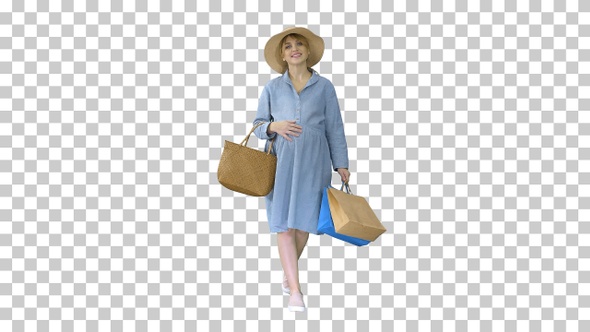 Pregnant woman in summer clothes walking, Alpha Channel