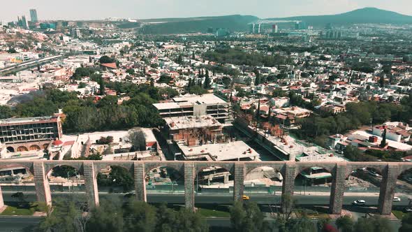 Lateral view of Arcos de Queretaro in Mexico seen from a drone