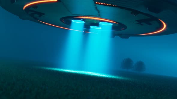 Flying saucer with flashy spotlights is landing. on the grassy meadow Render 4k