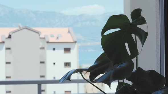 Window view of the city of Budva in Montenegro, sea and mountains