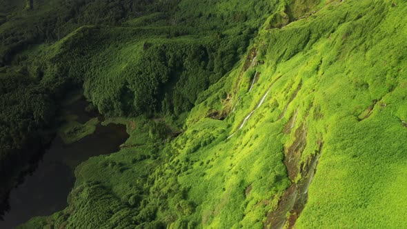 Waterfalls and Lake of Poco Ribeira Do Ferreiro Flores Island Azores