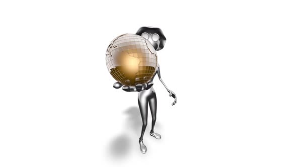 Silver 3D Woman Cartoon Show Globe  3D Looped on White alt