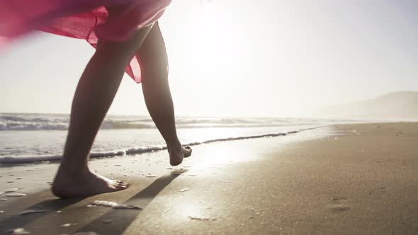 Slow Motion Woman Feet Walking Barefoot By Beach at Golden Sunset Tourism USA