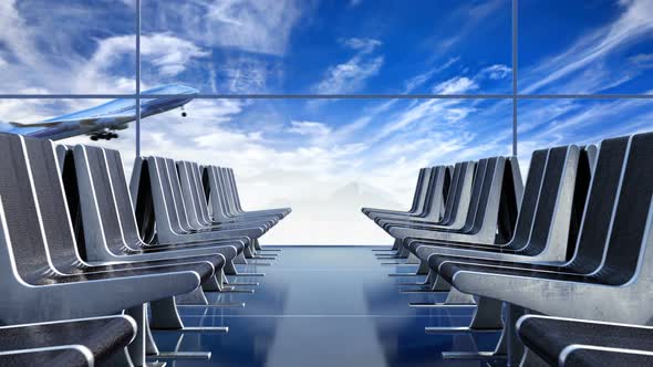 Large Passenger Airplane Taking Off Against Cloudscape Seen From Departure Hall