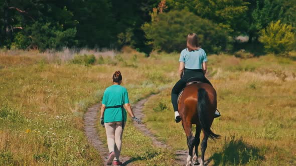 Back View Young Woman Riding Horse in Countryside Horseback Riding Slow Motion