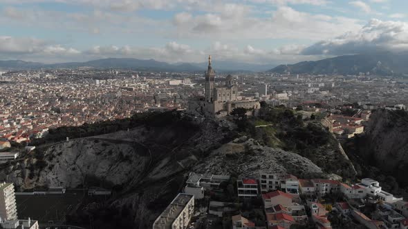 Aerial view of the basilica Notre Dame de la Garde in Marseille. France 2020