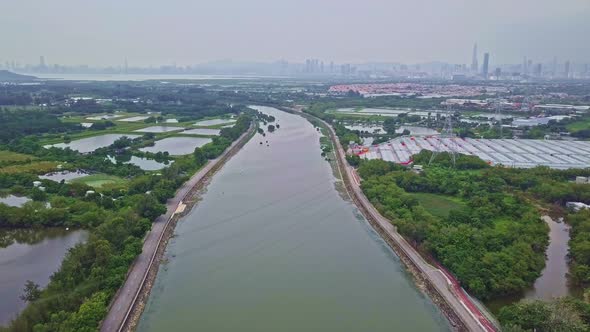 A dynamic ascending aerial footage above the Shan Pui river in Yuen Long, Hong Kong. It has many tri