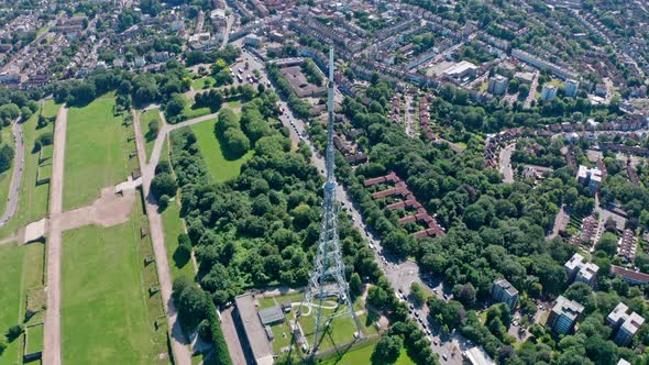 Circling drone shot of Crystal palace Radio tower