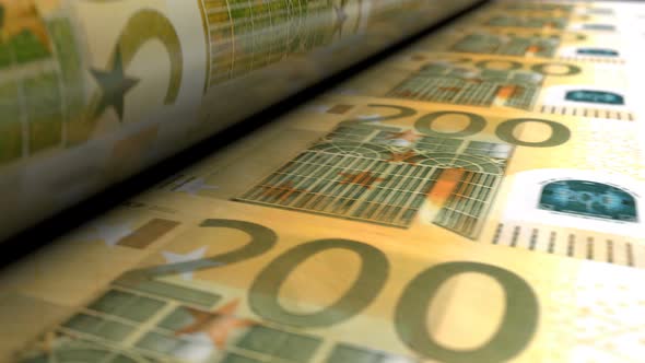 Close-up of Euro Money Press Machine Printing 200 EUR Banknotes