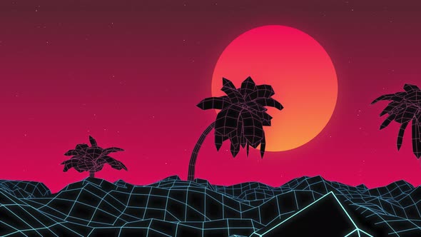 Palm trees and mountains grid surface, background animation, orange red sky. Vaporwave or retrowave