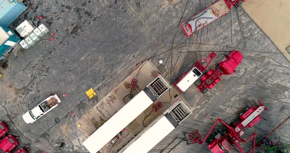Drone downshot of a hydraulic fracturing (fracking) operation in Northern Colorado.  Birds eye view