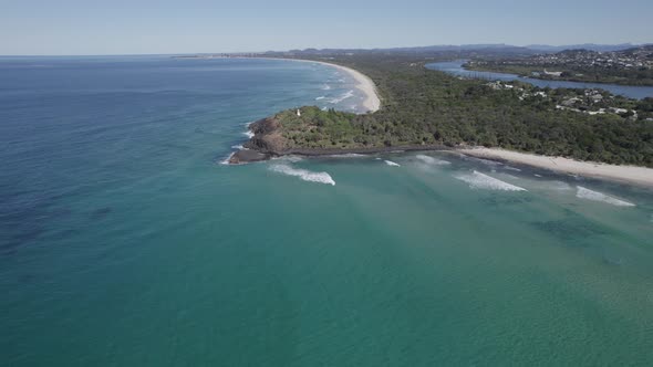 Scenic Ocean And Fingal Headland In New South Wales, Australia - aerial drone shot