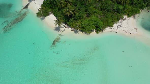 Aerial top down tourism of tranquil bay beach trip by turquoise ocean and white sand background of a