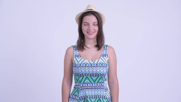 Happy Young Beautiful Tourist Woman Smiling